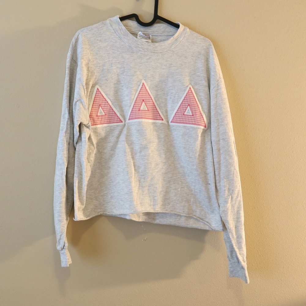 Adorable Tri Delt Long Sleeved Crop Top with Pink Gingham Letters